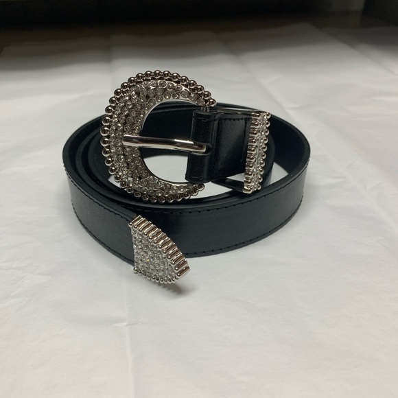 Vegan Black Leather Rhinestone Round Buckle Belt - Picture 5 of 7